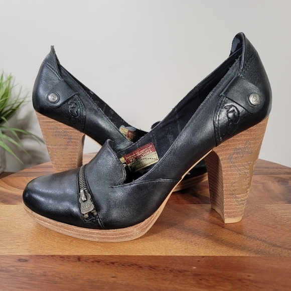 London Underground Black Leather Heeled Loafers With Zipper Accent Size 9 - Picture 9 of 17